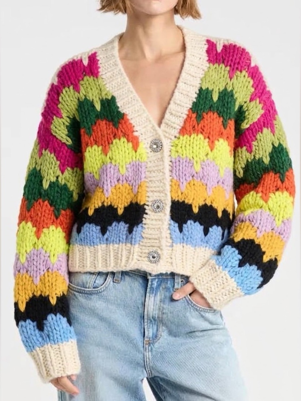 NVLT Women's Chunky Hand-Knit V-Neck Cardigan XS